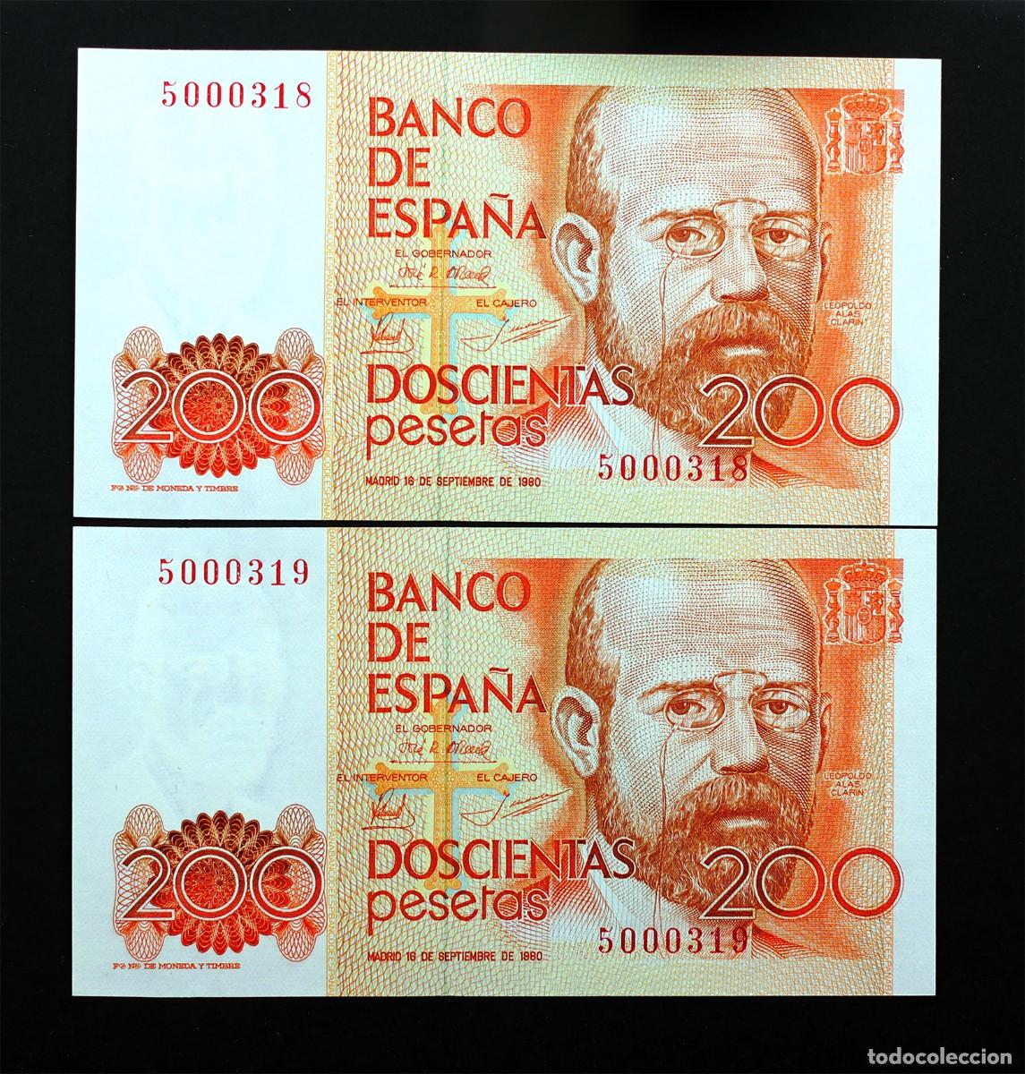 Billetes espa&ntilde;oles: SC. Spain-pareja correlativa 200 Pesetas 1980. SIN SERIE. SC/UNC