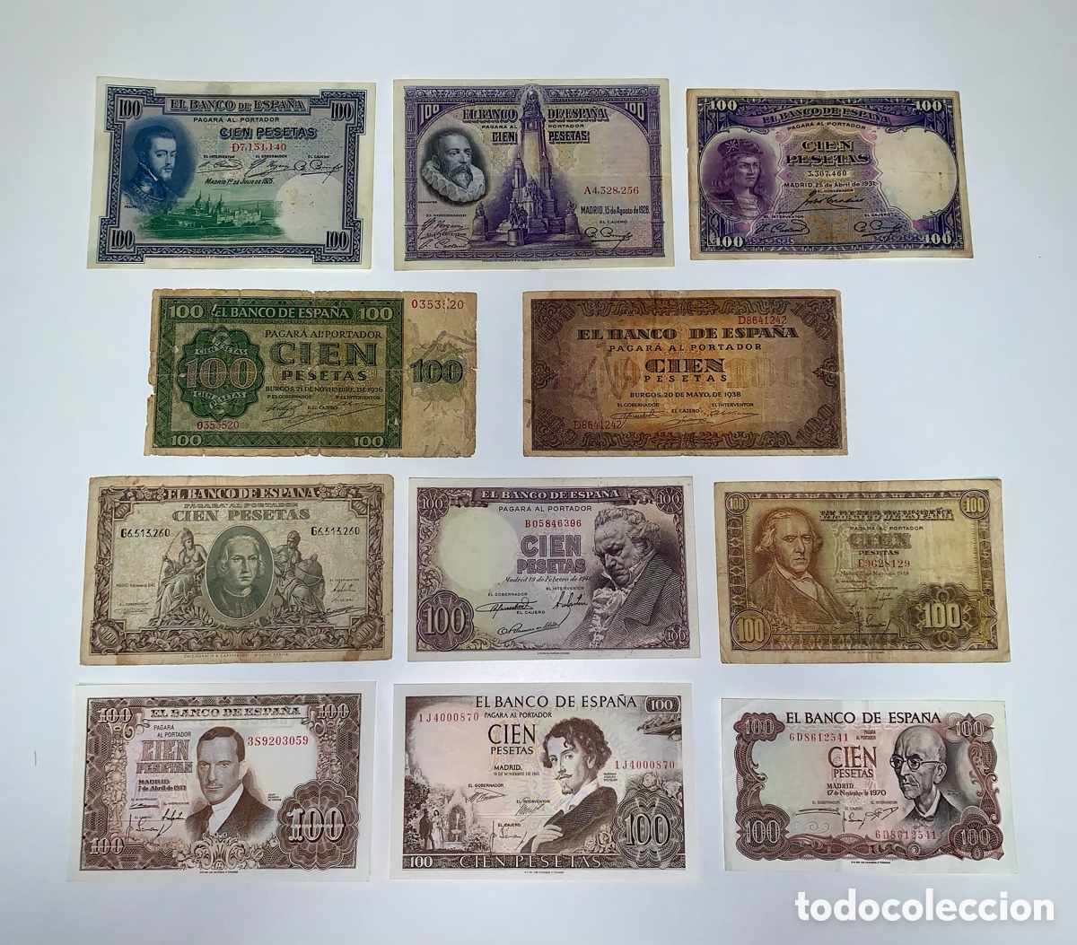 Spanish Banknotes: 11 billetes de 100 Pesetas del Banco de Espa&ntilde;a. Desde 1925 hasta 1970.