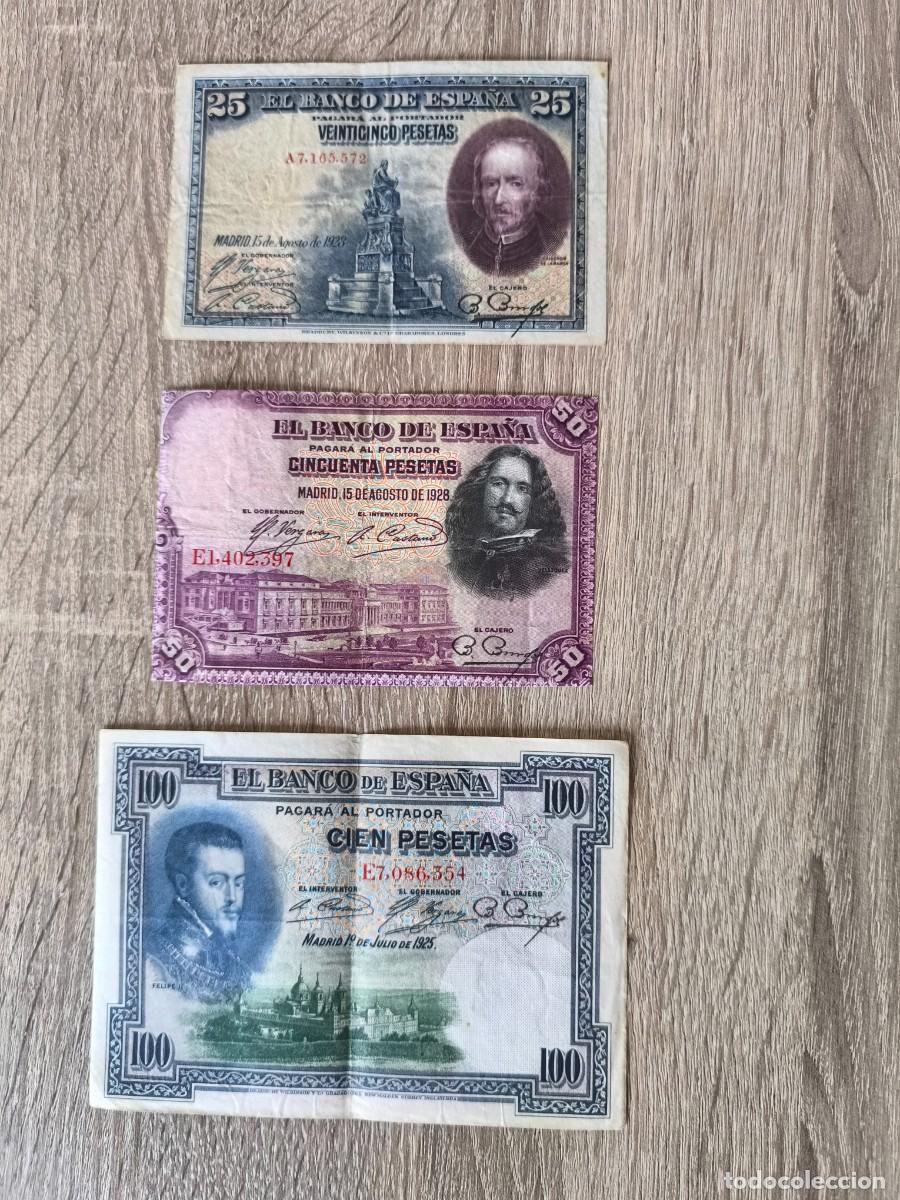 Billetes espa&ntilde;oles: Lote 3 Billetes Banco de Espa&ntilde;a: 25 Pts (1928), 50 Pts (1928) y 100 Pts (1925) - Aut&eacute;nticos