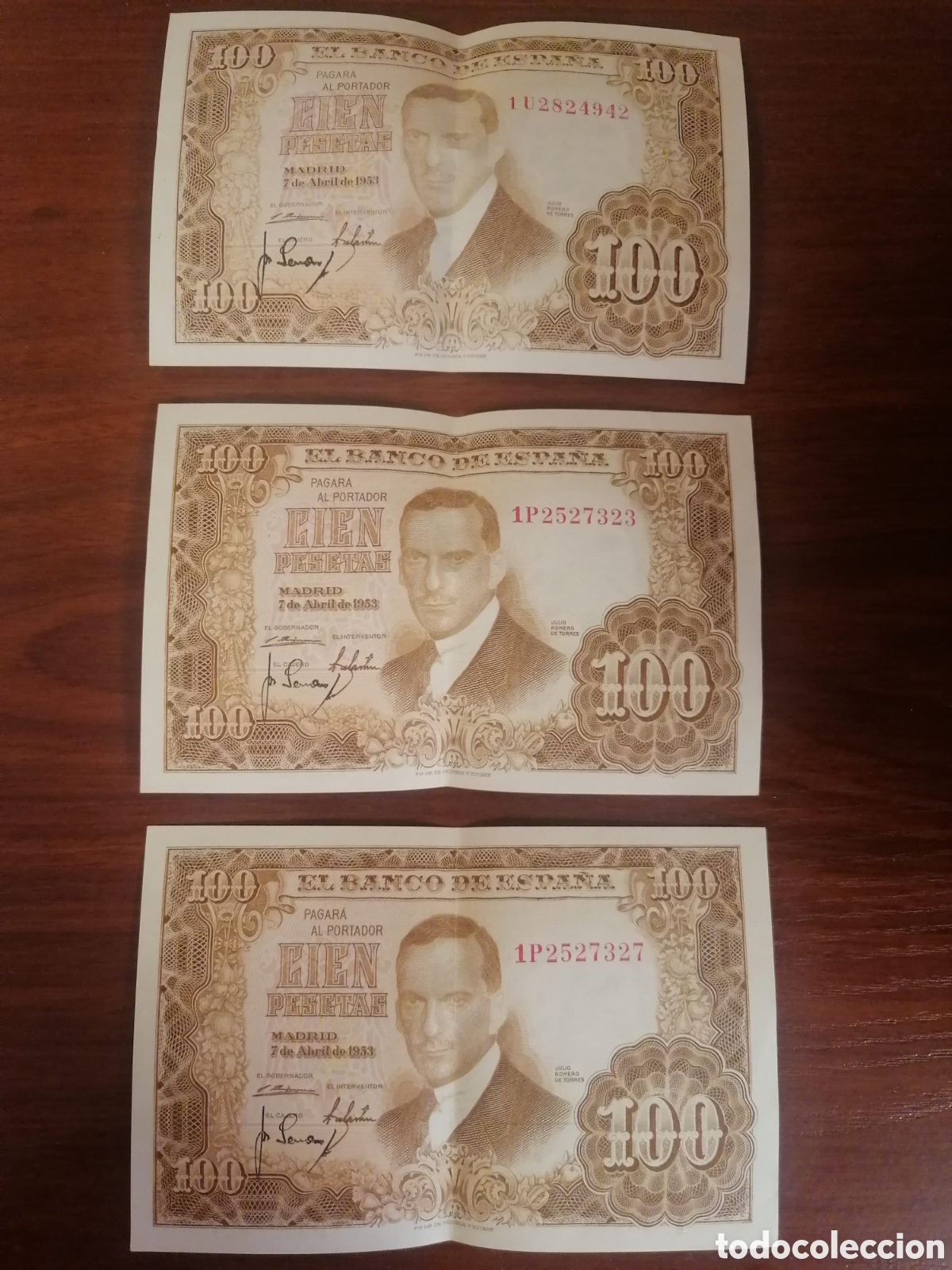 Billetes espa&ntilde;oles: Tres Billetes 100 Pesetas 1953 Romero De Torres Series 1P ( 2 ) Y 1U ( Variante Clara ).Excelentes