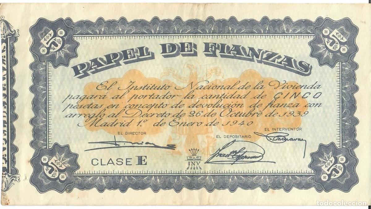 Billetes espa&ntilde;oles: Papel de Fianzas del Instituto Nacional de la Vivienda (INV) 5 ptas. 1940