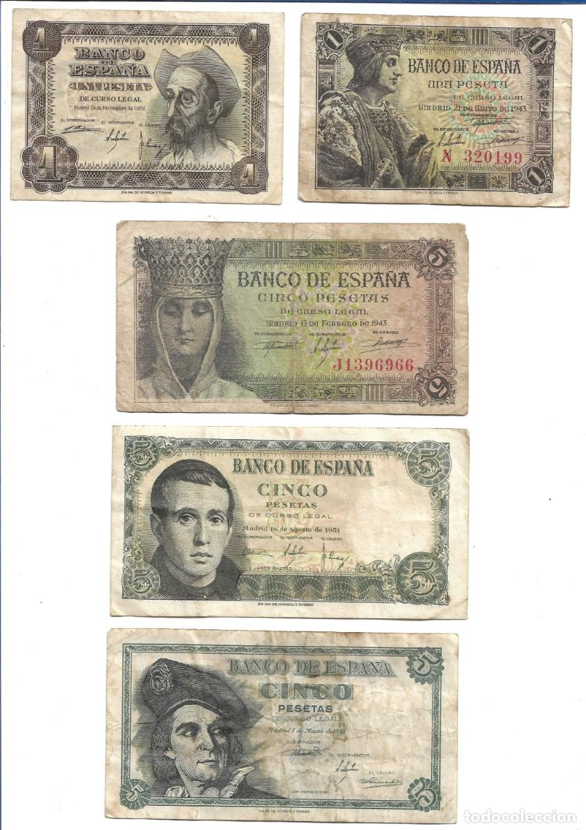 Billetes espa&ntilde;oles: Cinco Billetes Antiguos de Pesetas Espa&ntilde;olas