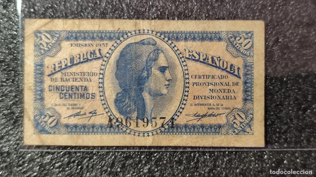 Billetes espa&ntilde;oles: Espa&ntilde;a &ndash; 50 C&eacute;ntimos Rep&uacute;blica 1937 &bull; Serie A &bull; Billete Original , Lote 2327
