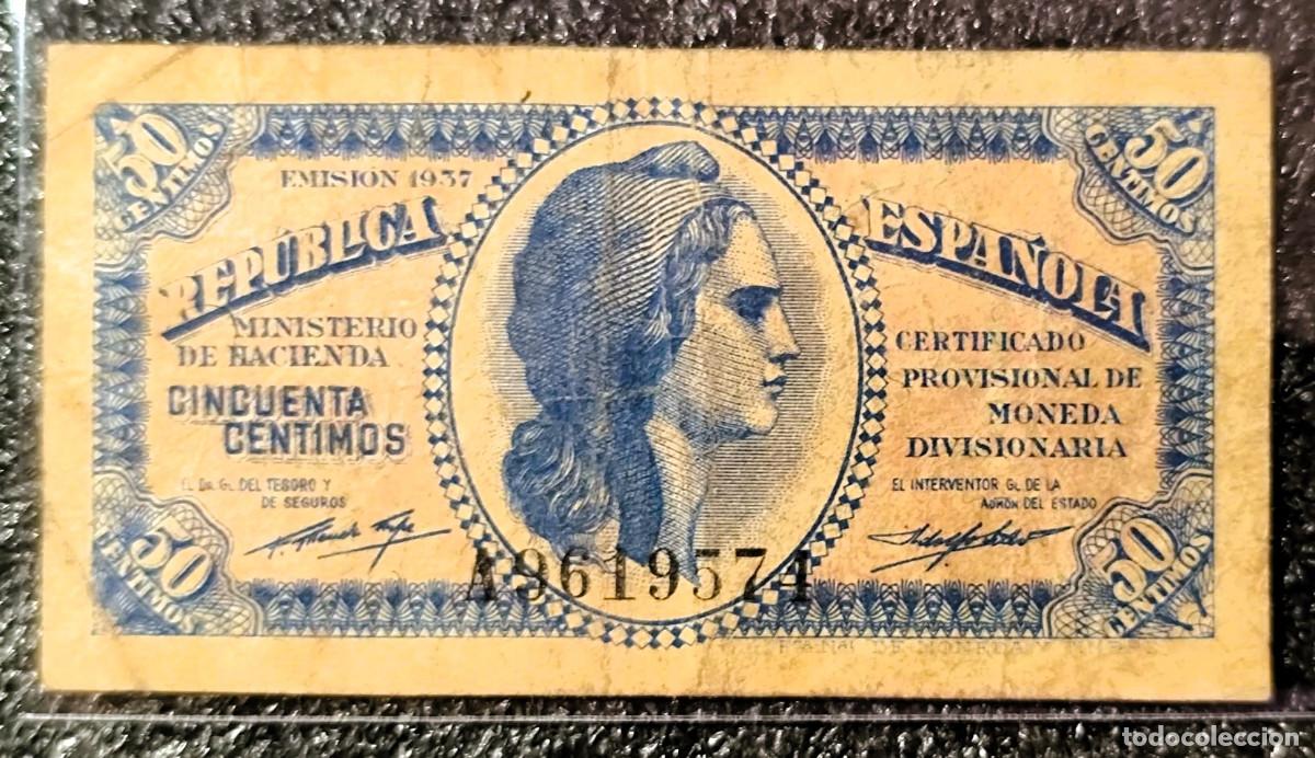 Billetes espa&ntilde;oles: Espa&ntilde;a &ndash; 50 C&eacute;ntimos Rep&uacute;blica 1937 &bull; Serie A &bull; Billete Original , Lote 2327