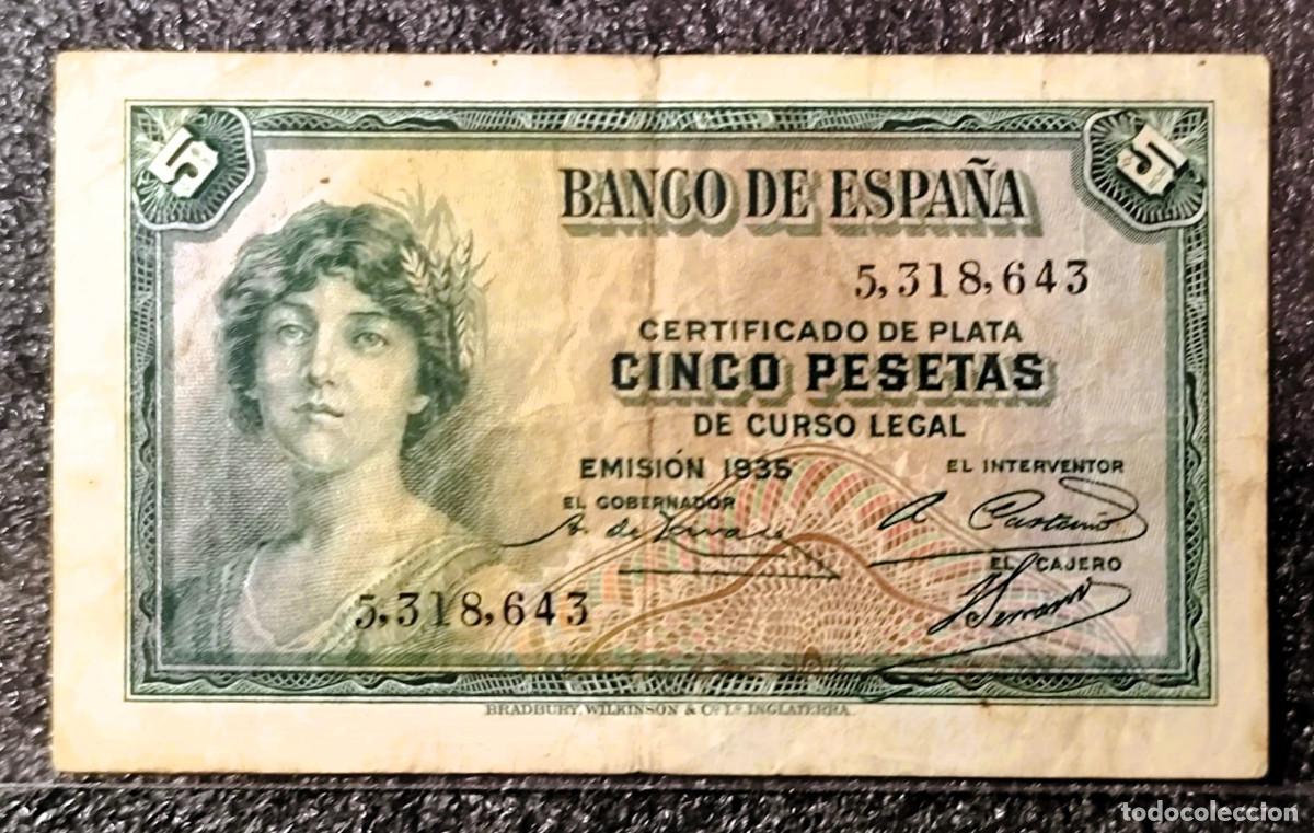 Billetes espa&ntilde;oles: Espa&ntilde;a &ndash; 5 Pesetas 1935 &bull; Sin Serie &bull; Billete Original , Certificado de plata, Lote 2332
