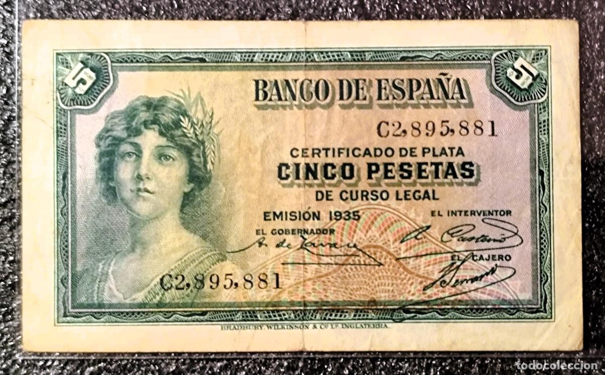 Billetes espa&ntilde;oles: Espa&ntilde;a &ndash; 5 Pesetas 1935 &bull; Sin Serie &bull; Billete Original , Certificado de plata, Lote 2333
