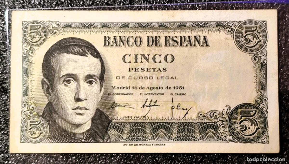 Billetes espa&ntilde;oles: Espa&ntilde;a &ndash; 5 Pesetas 1951 &bull; Serie U &bull; Billete Original, Lote 2335
