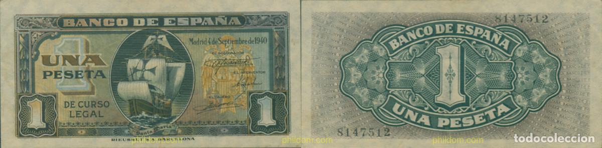 Notas espanholas: 692 ESPA&Ntilde;A 1940 1 Peseta Estado espa&ntilde;ol 4 de septiempre 1940