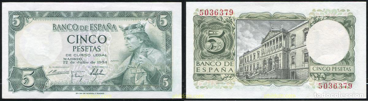 Notas espanholas: 305 ESPA&Ntilde;A 1954 5 pesetas Alfonso X 1954