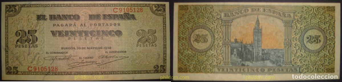 Notas espanholas: 329 ESPA&Ntilde;A 1938 25 pesetas estado espa&ntilde;ol Burgos 20 de mayo 1938