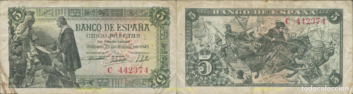 Notas espanholas: 8145 ESPA&Ntilde;A 1945 5 Pesetas Estado espa&ntilde;ol 15 Junio de 1945