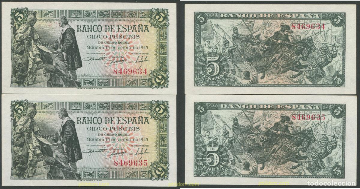 Notas espanholas: 8153 ESPA&Ntilde;A 1945 5 Pesetas Estado espa&ntilde;ol 15 Junio de 1945