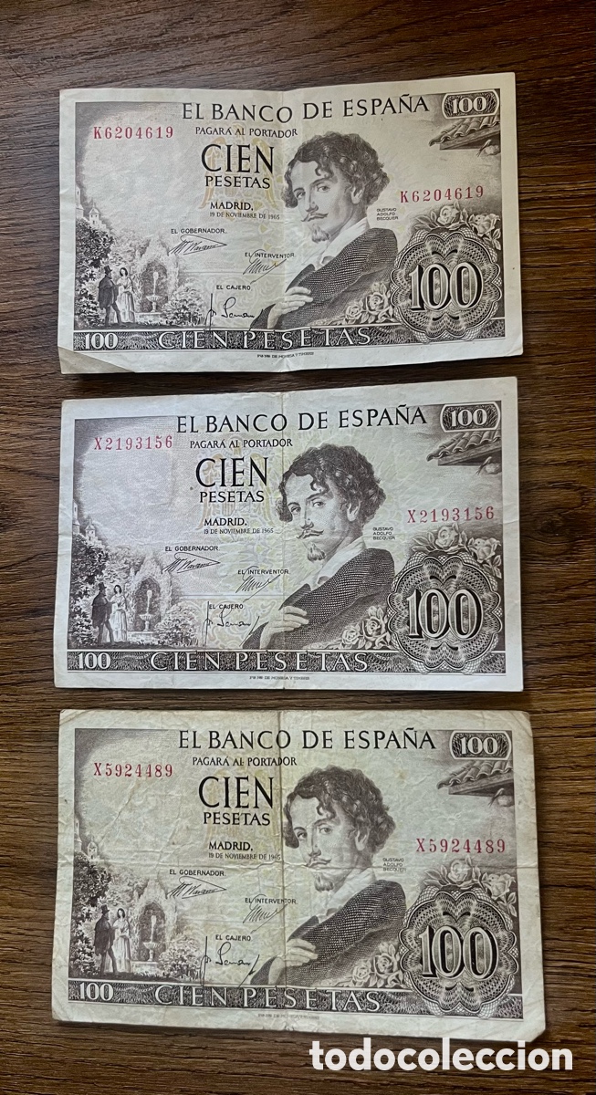 Billetes espa&ntilde;oles: 3 BILLETES 100 PESETAS 1965 - GUSTAVO ADOLFO BECQUER
