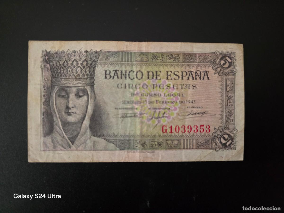 Billetes espa&ntilde;oles: 5 PESETAS DE 1943.... SERIE G.....MUY BONITO.........ES EL DE LAS FOTOS