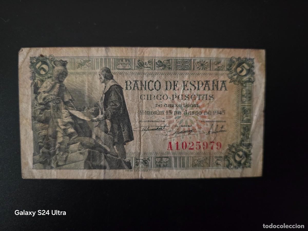 Billetes espa&ntilde;oles: 5 PESETAS DE 1945.... SERIE A..... BONITO.........ES EL DE LAS FOTOS