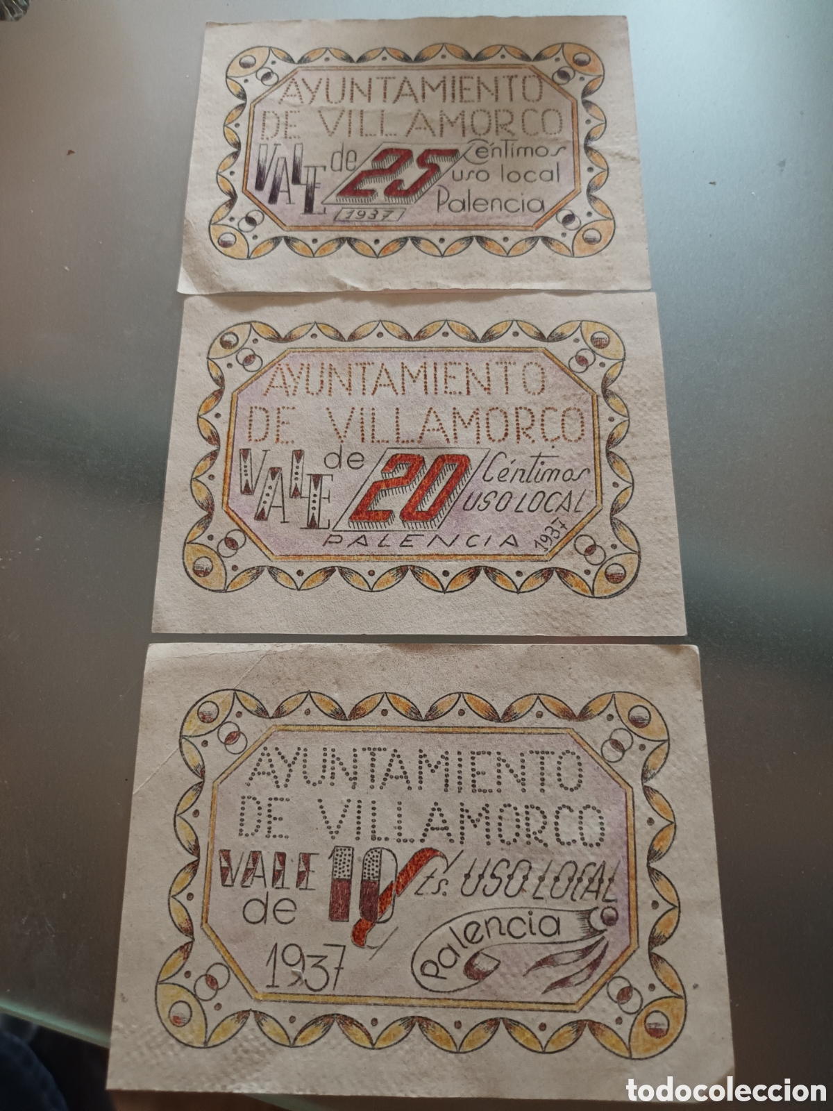 Billetes espa&ntilde;oles: LOTE DE 3 BILLETES LOCALES DE 25, 20 Y 10 C&Eacute;NTIMOS AYUNTAMIENTO DE VILLAMORCO ( PALENCIA) A&Ntilde;O 1937