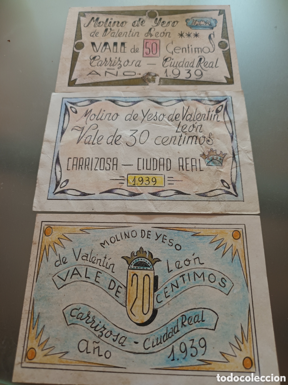 Billetes espa&ntilde;oles: LOTE DE 3 BILLETES DE USO LOCAL DE 50, 30 Y 20 C&Eacute;NTIMOS CARRIZOSA ( CIUDAD REAL) A&Ntilde;O 1939