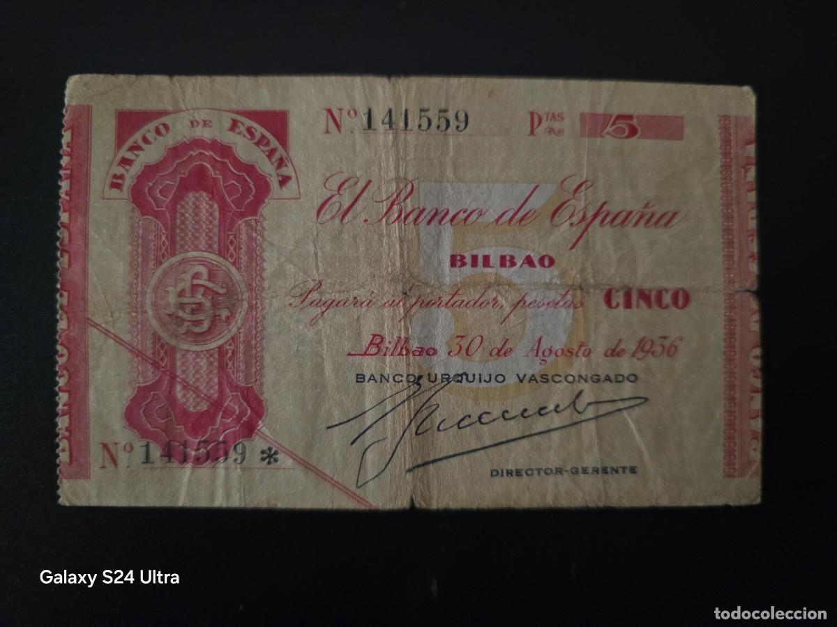 Billetes espa&ntilde;oles: 5 PESETAS DE 1936......BANCO DE ESPA&Ntilde;A EN BILBAO....SIN S... ESCASO Y BONITO......ES EL DE LAS FOTOS