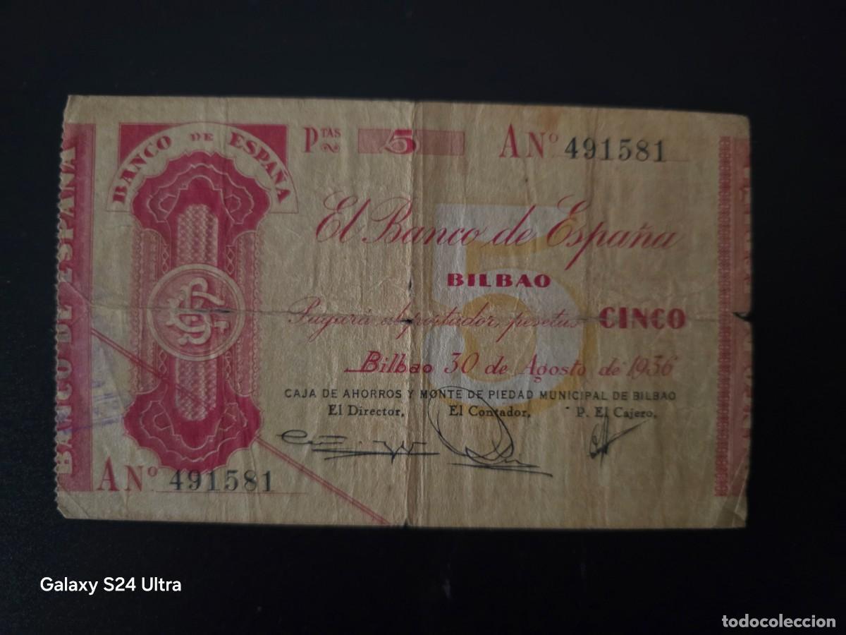 Billetes espa&ntilde;oles: 5 PESETAS DE 1936......BANCO DE ESPA&Ntilde;A EN BILBAO....SERIE... ESCASO Y BONITO......ES EL DE LAS FOTOS