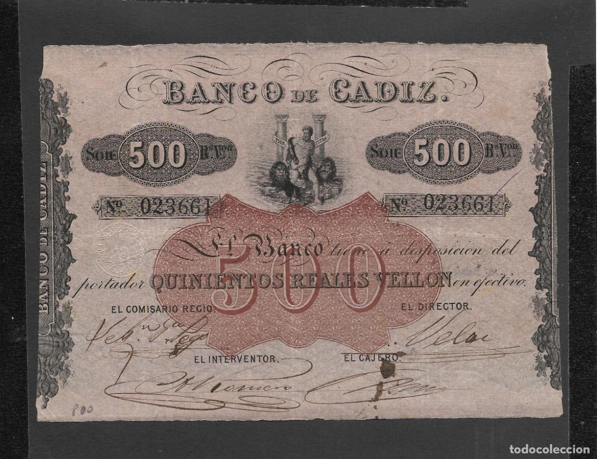 Billetes espa&ntilde;oles: 500 REALES VELLON BANCO DE CADIZ (ND) 3&ordf; EMISI&Oacute;N MBC+