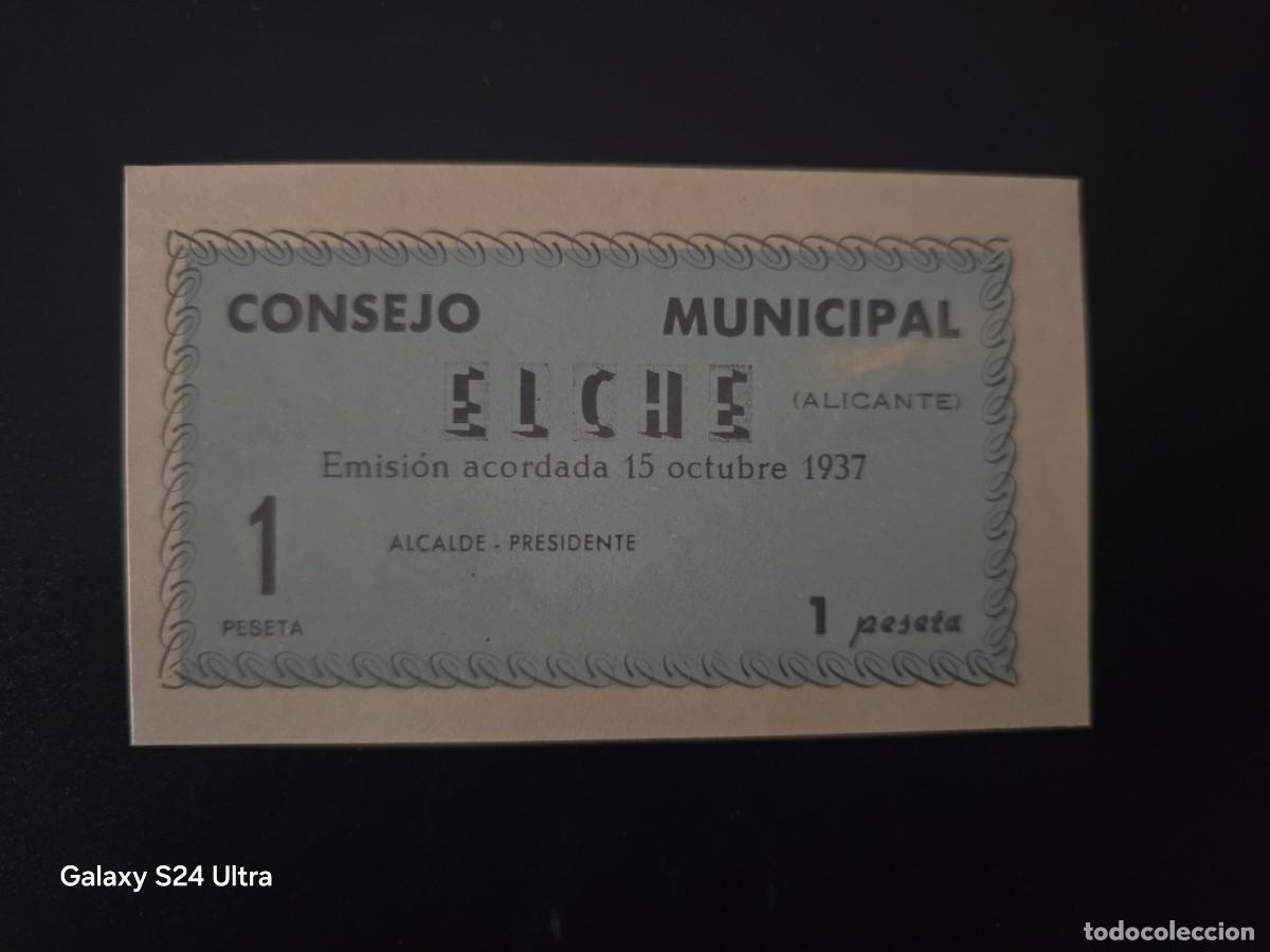 Billetes espa&ntilde;oles: 1 PESETA DE 1937......CONSEJO MUNICIPAL DE ELCHE.....MUY BONITO.....ES EL DE LAS FOTOS