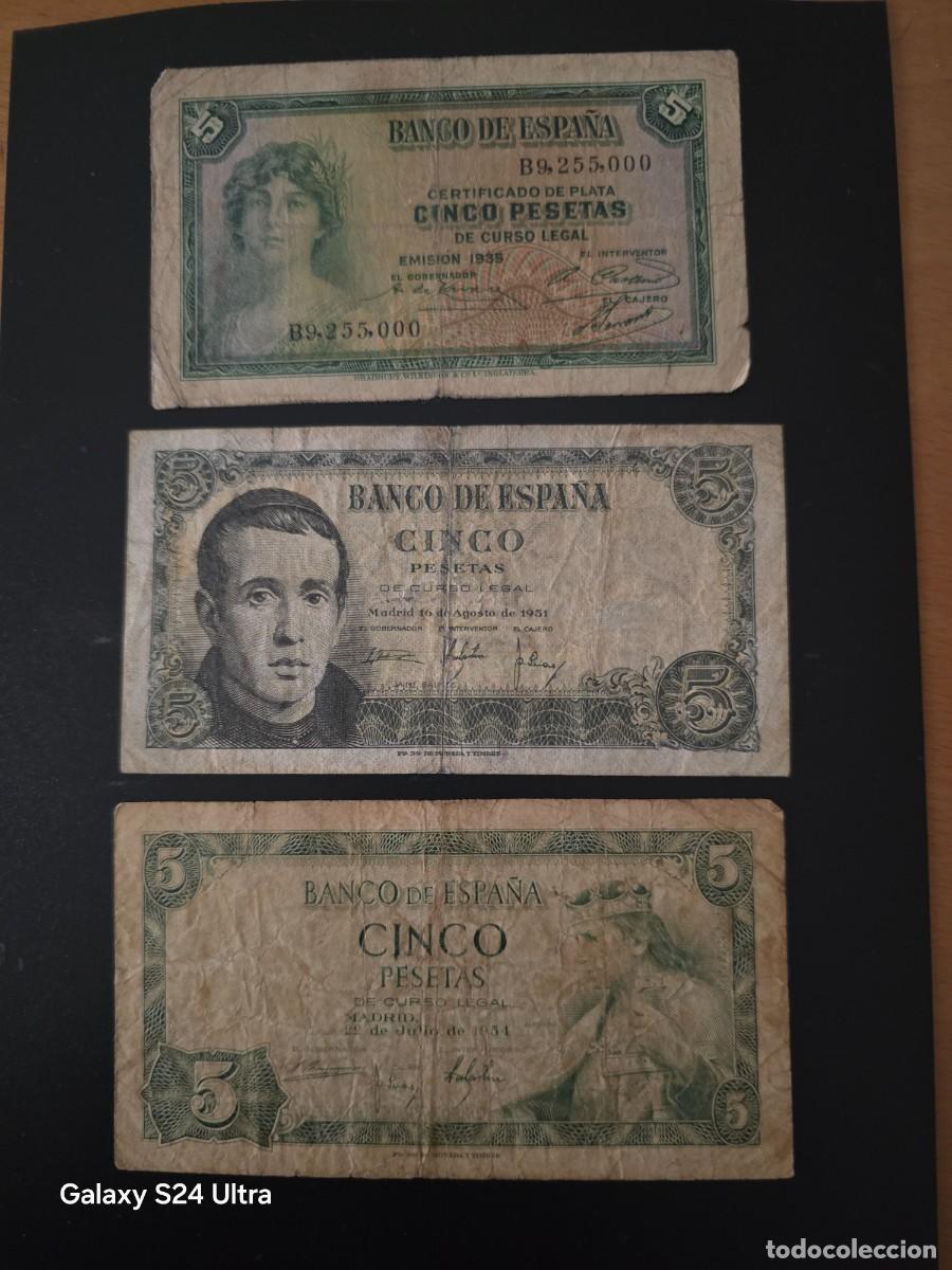 Billetes espa&ntilde;oles: LOTE DE 3 BILLETES DE 5 PESETAS....DISTINTAS CONSERVACIONES.....ES EL DE LAS FOTOS