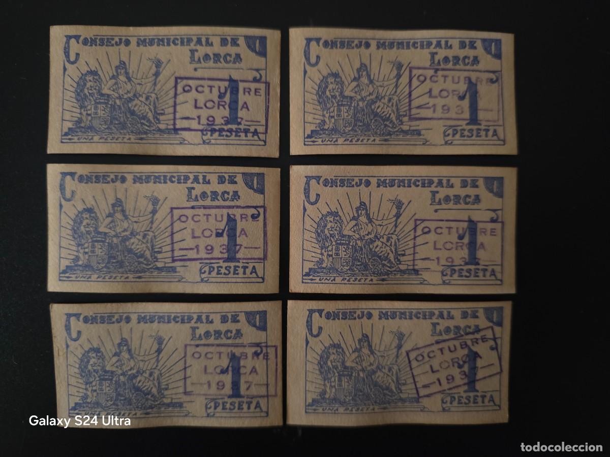 Billetes espa&ntilde;oles: LOTE DE 6 BILLETES DE 1937.....CONSEJO MUNICIPAL DE LORCA.....PRECIOSOS.....ES EL DE LAS FOTOS