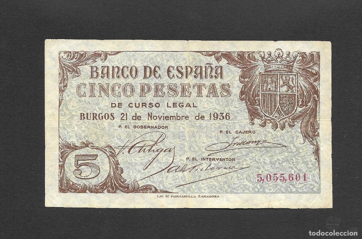 Billetes espa&ntilde;oles: 5 PESETAS 1936 SIN SERIE MBC