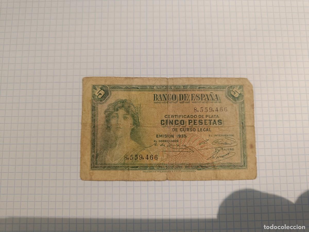 Billetes espa&ntilde;oles: Billete 5 pesetas. Emisi&oacute;n 1935 (certif. de Plata). Sin Serie. II Rep&uacute;blica. Banco de Espa&ntilde;a