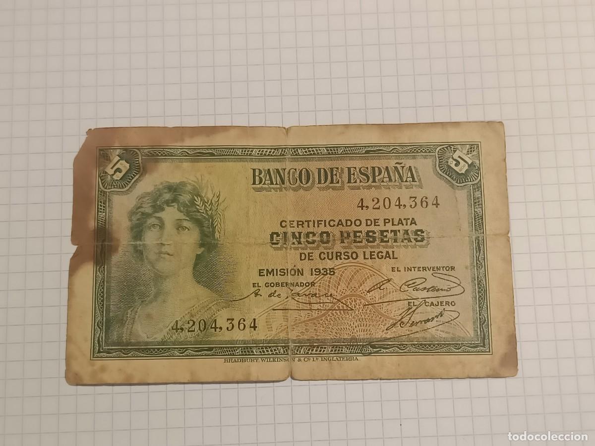Billetes espa&ntilde;oles: Billete 5 pesetas. Emisi&oacute;n 1935 (certif. de Plata). Sin Serie. II Rep&uacute;blica. Banco de Espa&ntilde;a