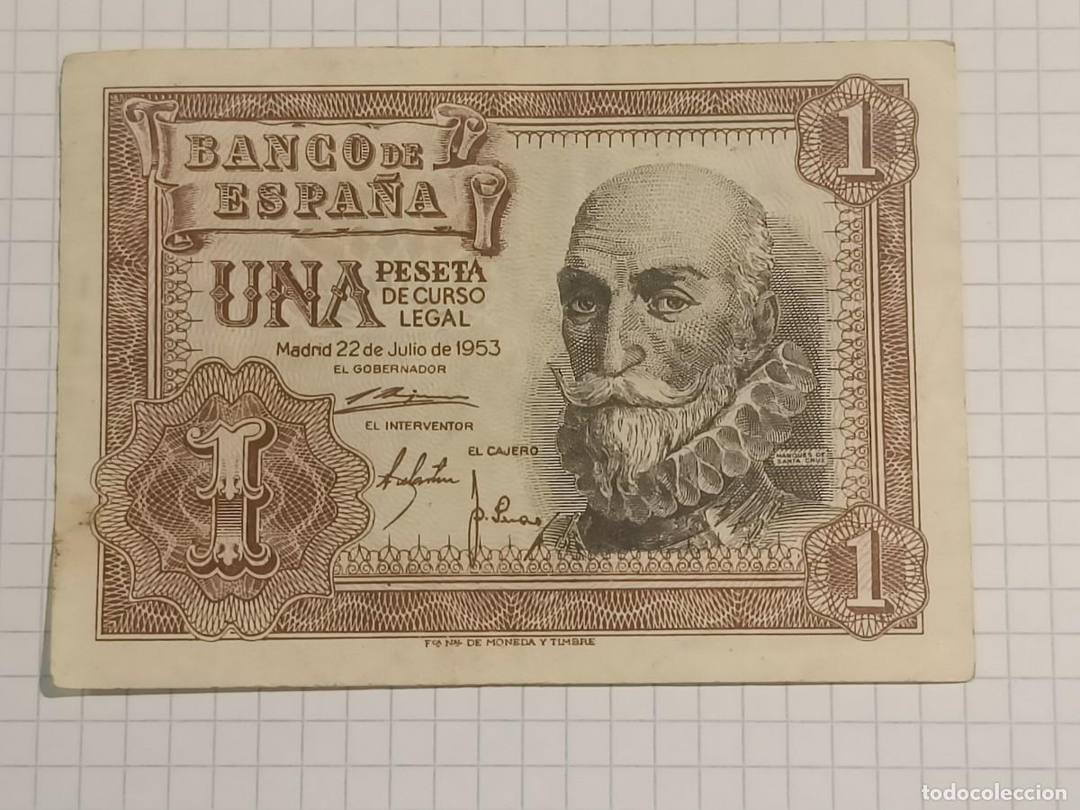 Billetes espa&ntilde;oles: Billete 1 peseta. Emisi&oacute;n 22. Julio. 1953. Serie H. Estado Espa&ntilde;ol. Banco de Espa&ntilde;a
