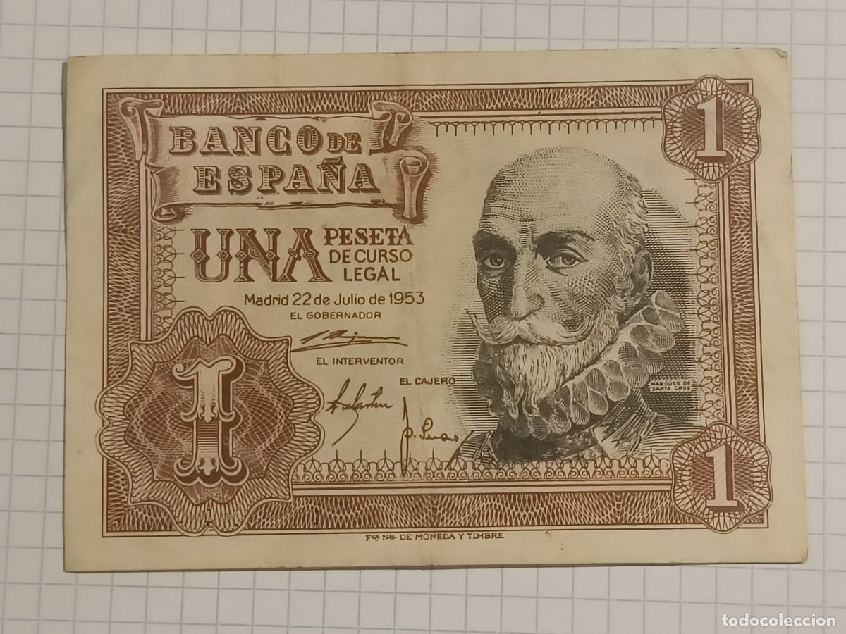 Billetes espa&ntilde;oles: Billete 1 peseta. Emisi&oacute;n 22. Julio. 1953. Serie X. Estado Espa&ntilde;ol. Banco de Espa&ntilde;a