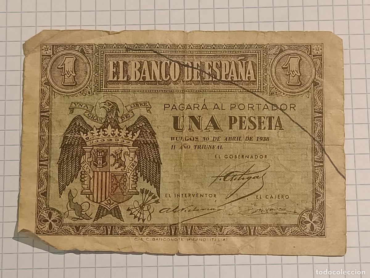 Billetes espa&ntilde;oles: Billete 1 peseta. Emisi&oacute;n 30. Burgos. Serie G. Abril 1938. Estado Espa&ntilde;ol. Banco de Espa&ntilde;a