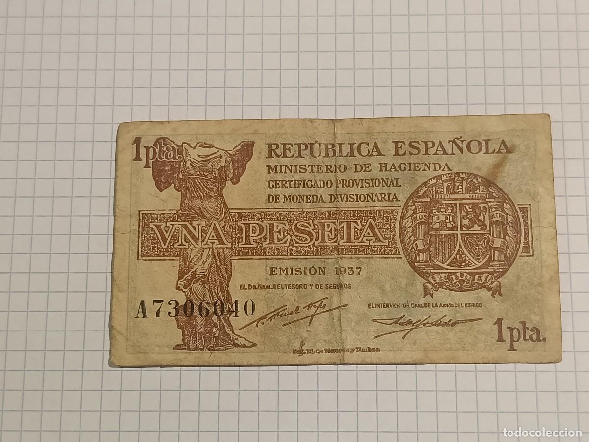 Billetes espa&ntilde;oles: Billete 1 peseta. Emisi&oacute;n 1937. Serie A. Rep&uacute;blica Espa&ntilde;ola. Ministerio de Hacienda