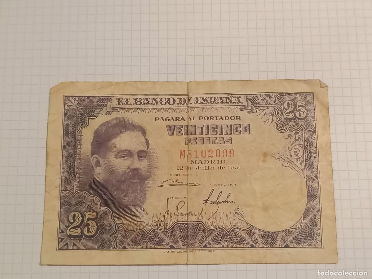 Billetes espa&ntilde;oles: Billete 25 pesetas. Emisi&oacute;n 22. Julio. 1954. Serie M. Estado Espa&ntilde;ol. Banco de Espa&ntilde;a
