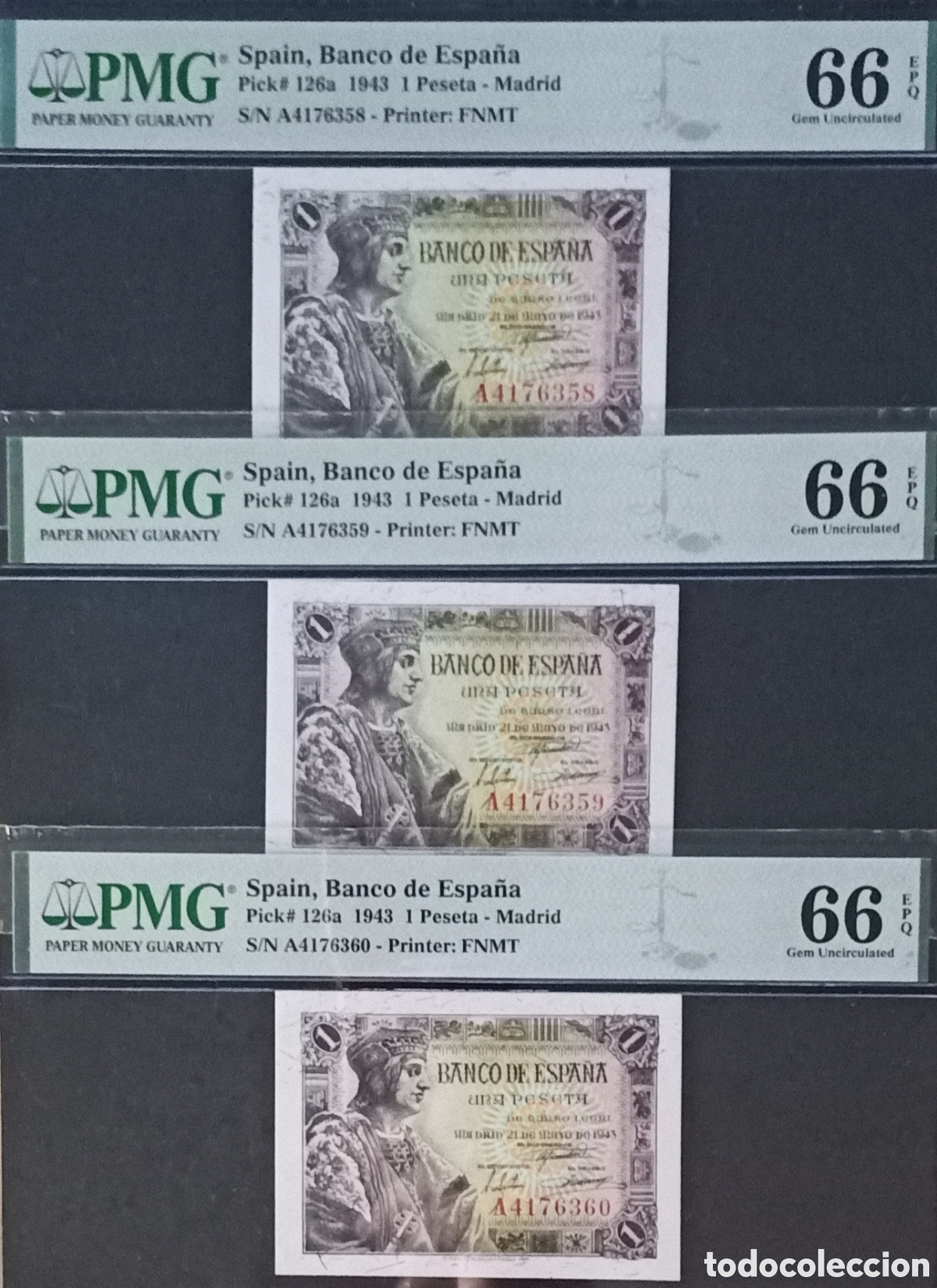 Billetes espa&ntilde;oles: Trio correlativo 1 PESETA 1943 -FERNANDO EL CAT&Oacute;LICO- PMG 66 EPQ, serie A