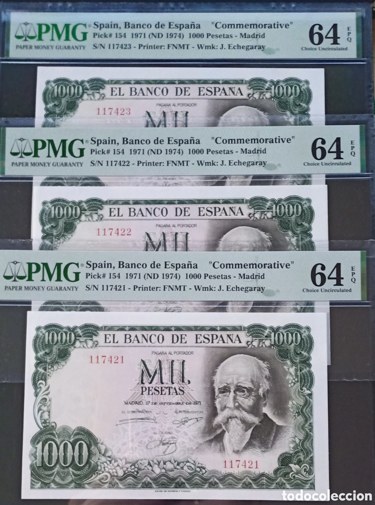 Billetes espa&ntilde;oles: Trio correlativo 1000 PESETAS 1971-JOSE ECHEGARAY- PMG 64 EPQ, sin serie