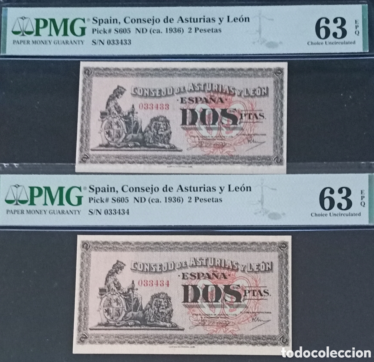 Billetes espa&ntilde;oles: pareja correlativa 2 PESETAS 1936 -ASTURIAS Y LE&Oacute;N- PMG 63 EPQ