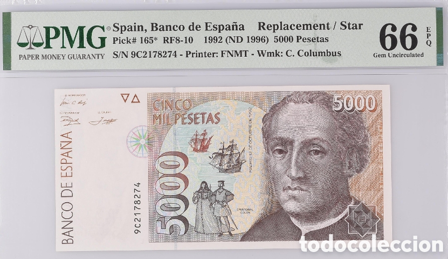 Billetes espa&ntilde;oles: Billete 5000 PESETAS 1992 -COLON- PMG 66 EPQ, serie especial 9C