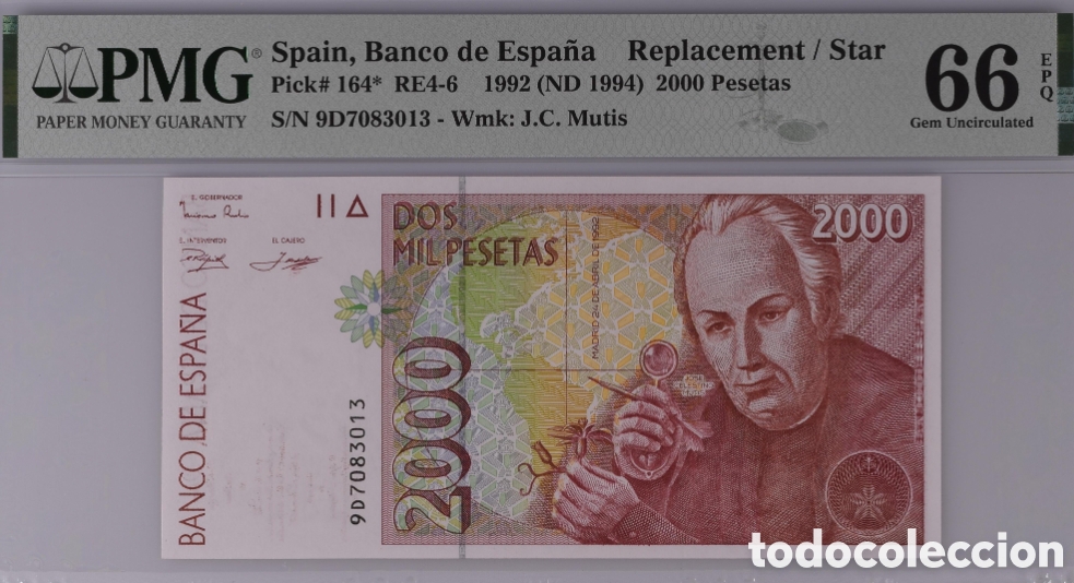 Billetes espa&ntilde;oles: Billete 2000 PESETAS 1992 - CELESTINO MUTIS- PMG 66 EPQ, serie especial 9D