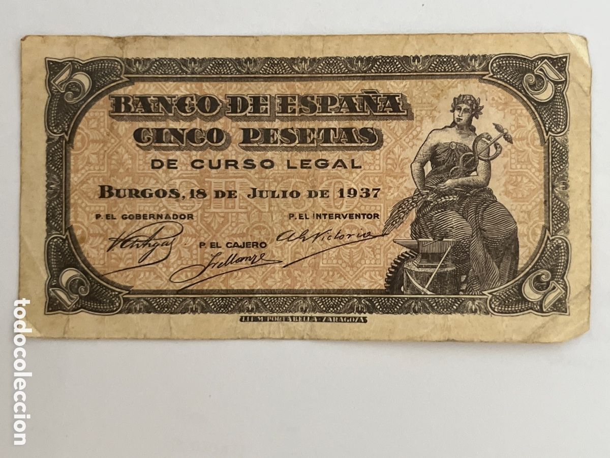 Billetes espa&ntilde;oles: BILLETE. Espa&ntilde;a. Cinco 5 pesetas. Burgos, 18 de julio de 1937. De curso legal.