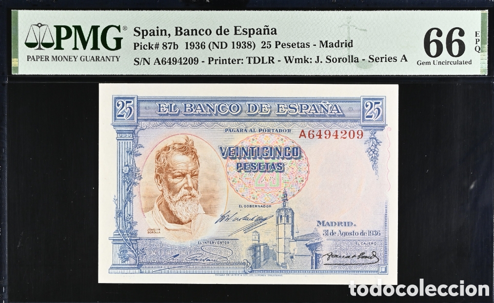 Billetes espa&ntilde;oles: Billete 25 PESETAS 1936 -SOROLLA- PMG 66 EPQ, serie A