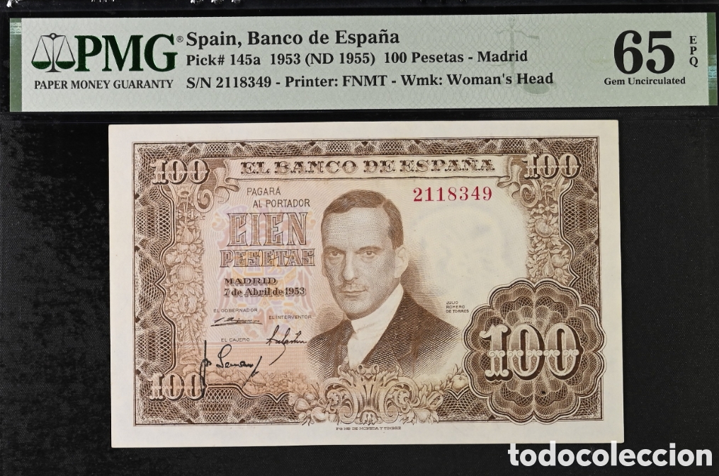 Billetes espa&ntilde;oles: Billete 100 PESETAS 1953 -JULIO ROMERO- PMG 65 EPQ, sin serie