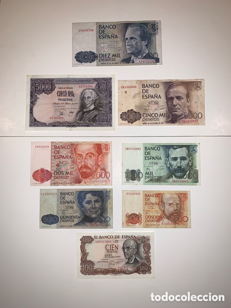 Billetes espa&ntilde;oles: Billetes pesetas Espa&ntilde;a despu&eacute;s de Franco. Varios valores.
