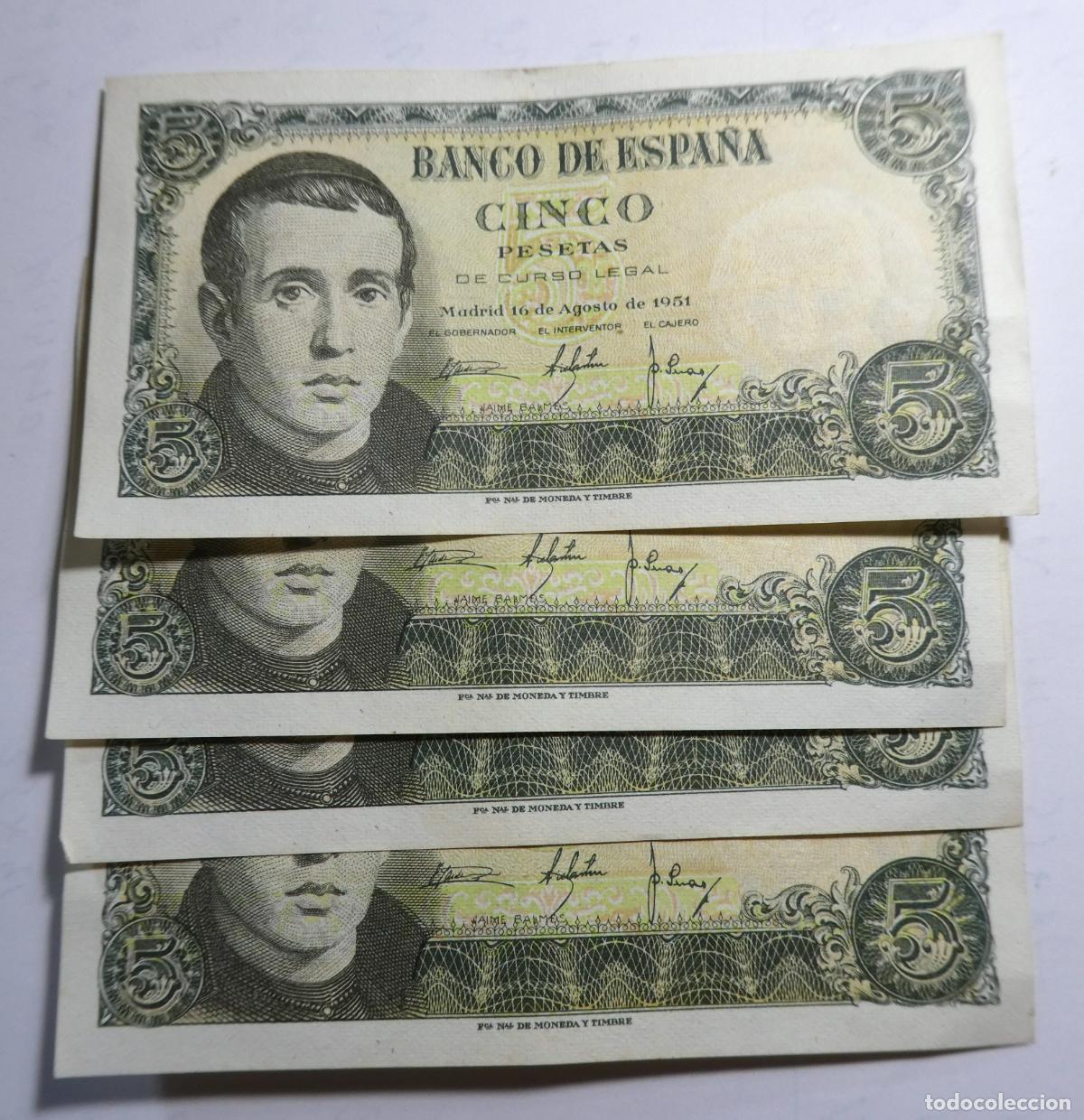Billetes espa&ntilde;oles: Lote de 4 billetes 5 Pesetas 1951. Serie N correlativos, MBC