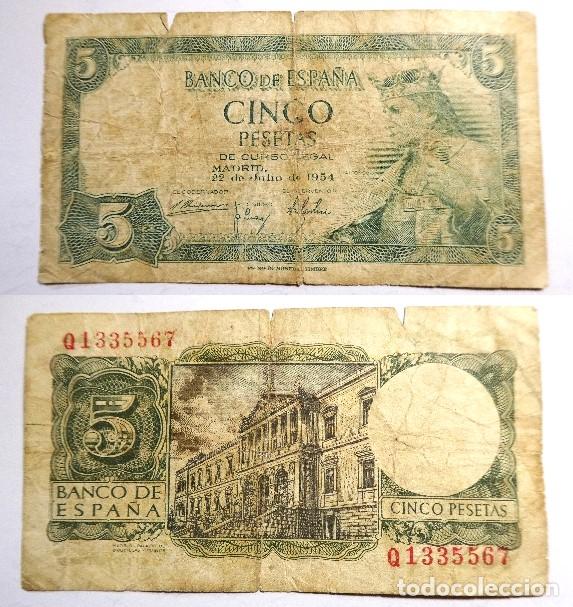 Billetes espa&ntilde;oles: BILLETE DE 5 PESETAS DE 1954 Serie Q circulado