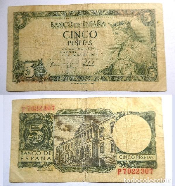 Billetes espa&ntilde;oles: BILLETE DE 5 PESETAS DE 1954 Serie P circulado