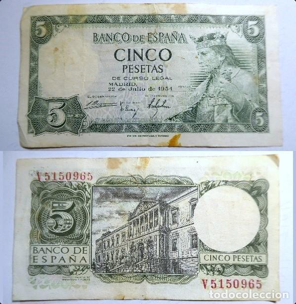 Billetes espa&ntilde;oles: BILLETE DE 5 PESETAS DE 1954 Serie V circulado