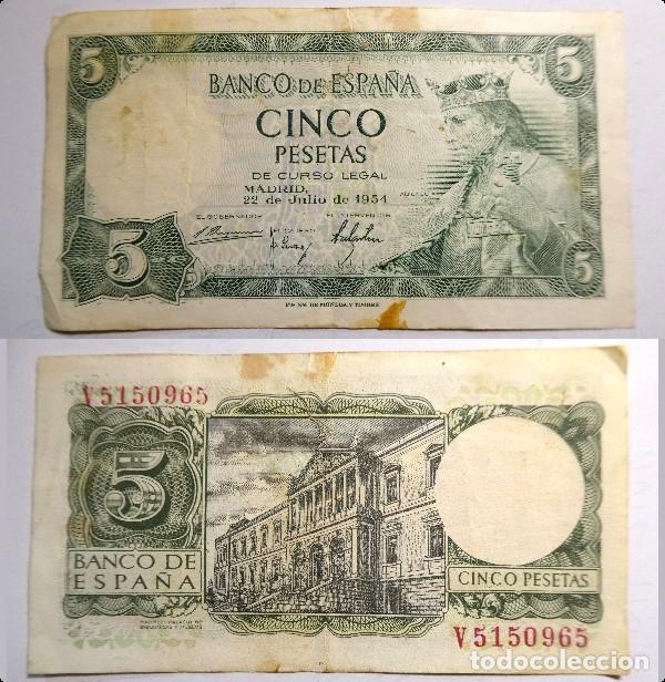 Billetes espa&ntilde;oles: BILLETE DE 5 PESETAS DE 1954 Serie V circulado