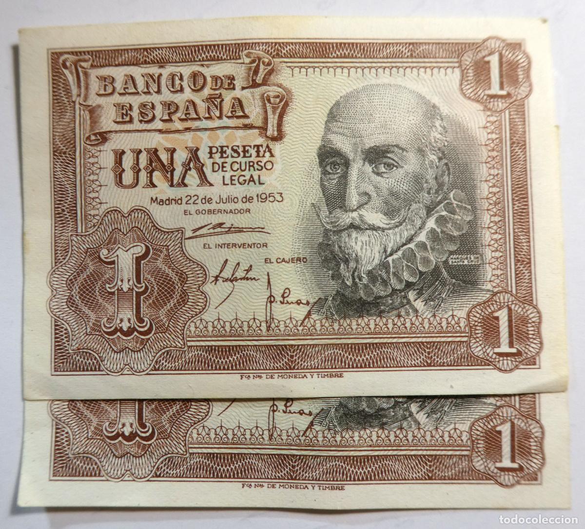 Billetes espa&ntilde;oles: Pareja correlativa de 1 Peseta 1953 Marqu&eacute;s de Santa Cruz Sin Circular
